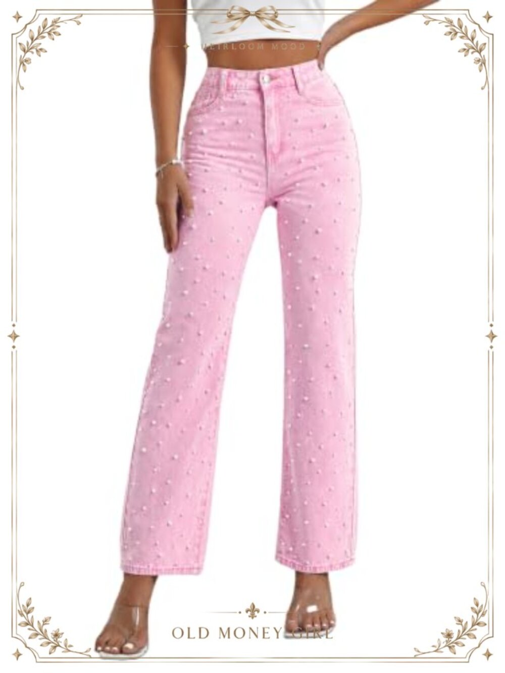 High Waisted Straight Leg Pearl Embellished Stretch Denim Jeans